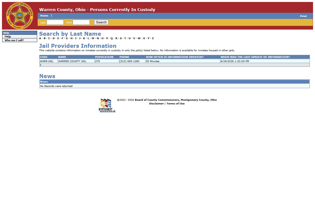 Warren County Jail inmate roster search fields and provider row